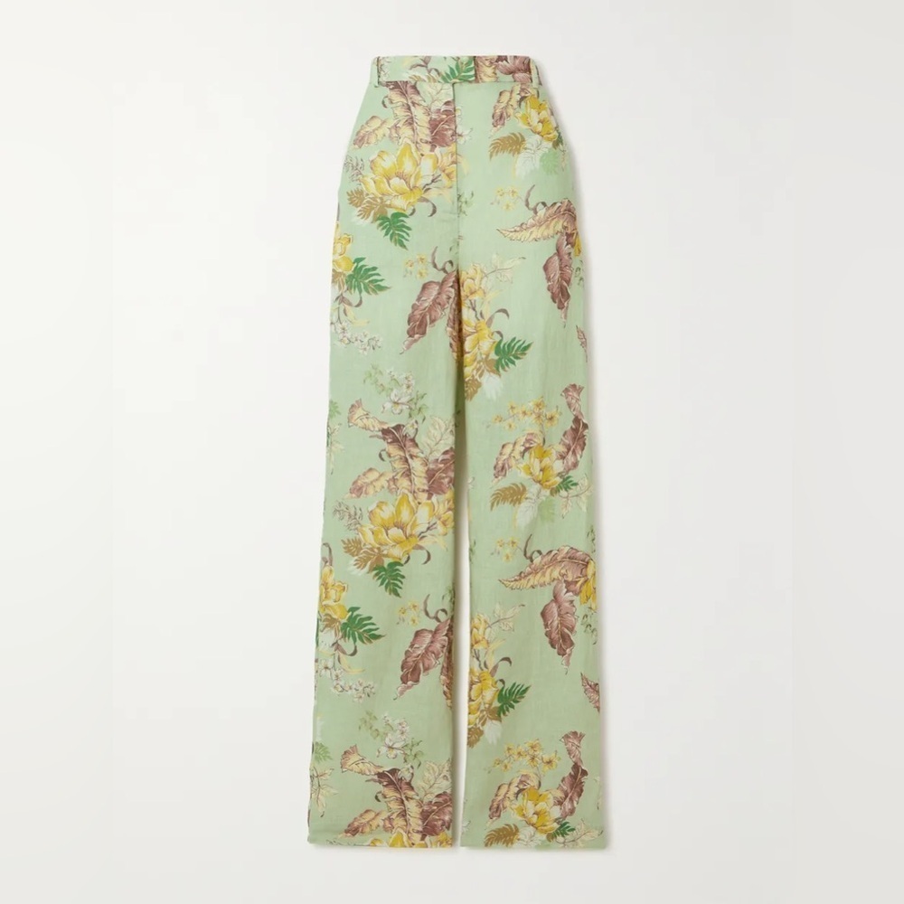 NWT Zimmermann Matchmaker Linen Straight Trouser Pants Mint Tropical Floral